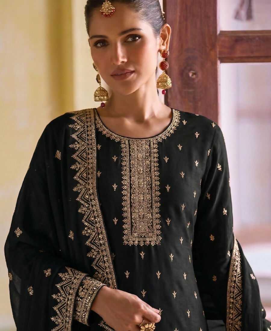 KC Black Georgette Straight Suit With Heavy Embroidery - Dista