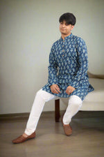 Thumbnail for Souchii Men's Ethnic Printed Pure Cotton Kurta – Indigo Leaf Motif