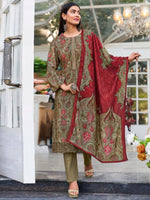 Thumbnail for Aastha Fashion Women's Green Velvet Digital Print with Resham Thread work Kurta with Trouser & Dupatta - Distacart