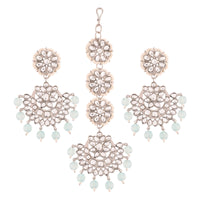 Thumbnail for Gold Plated With Matte Finish Traditional Kundan & Faux Pearl Chandbali Earrings With Maang Tikka Set - Wahe Jewels