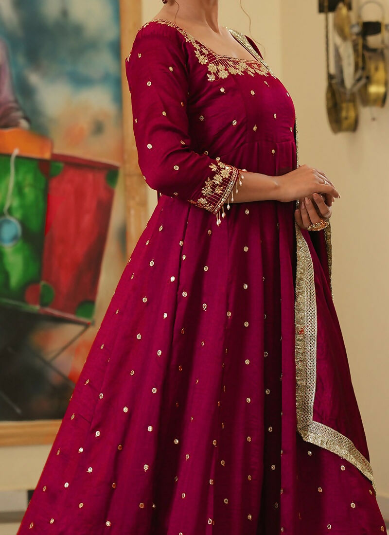 Teeya Creation Rani Color Pure Vichitra Silk Embroidery Work Party Wear Gown