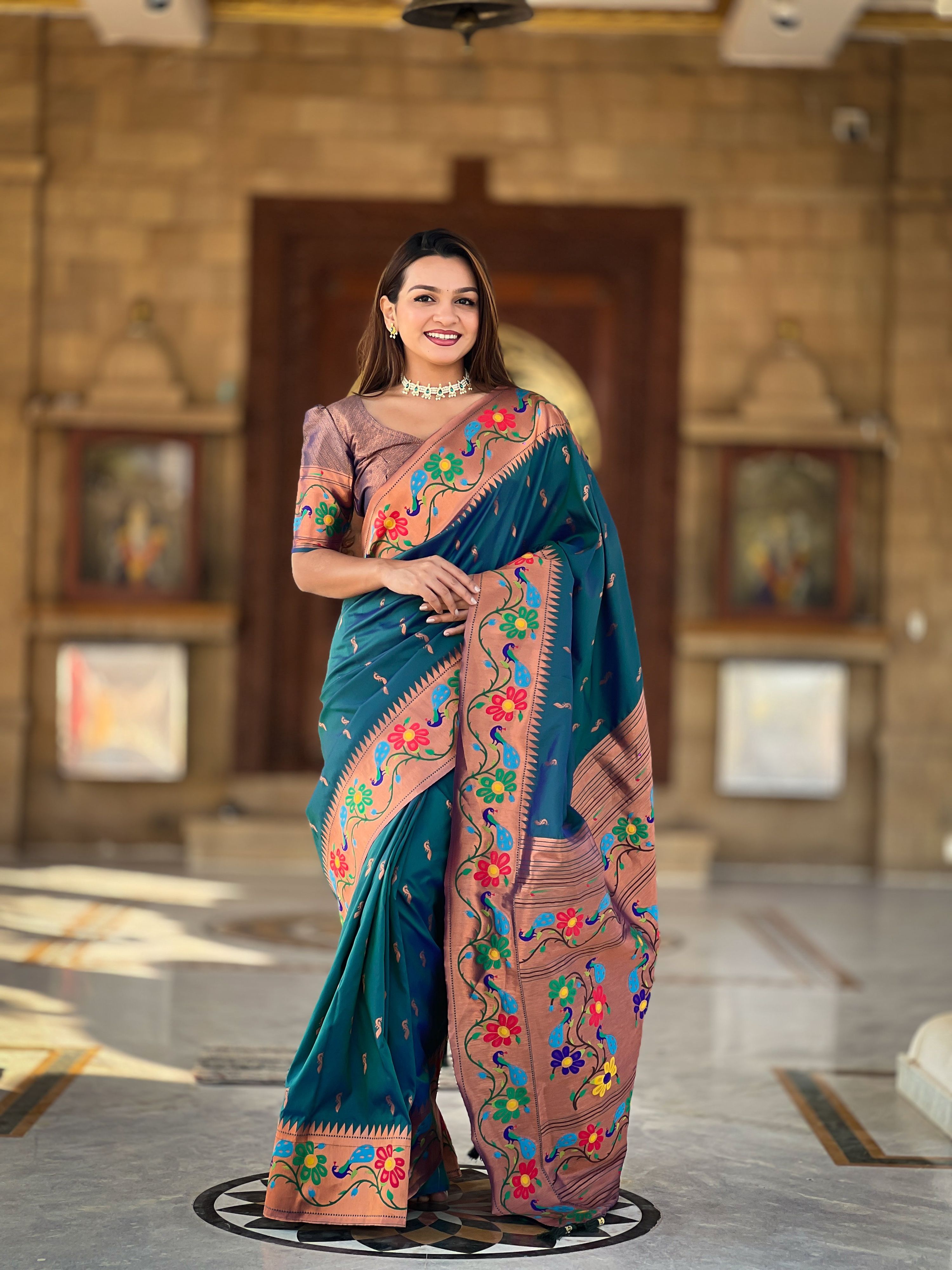 Mameraa Sarees Teal Blue Faux Banarasi Silk Saree With Paithani Rich Weaved Pallu And Blouse-Teal - Dista