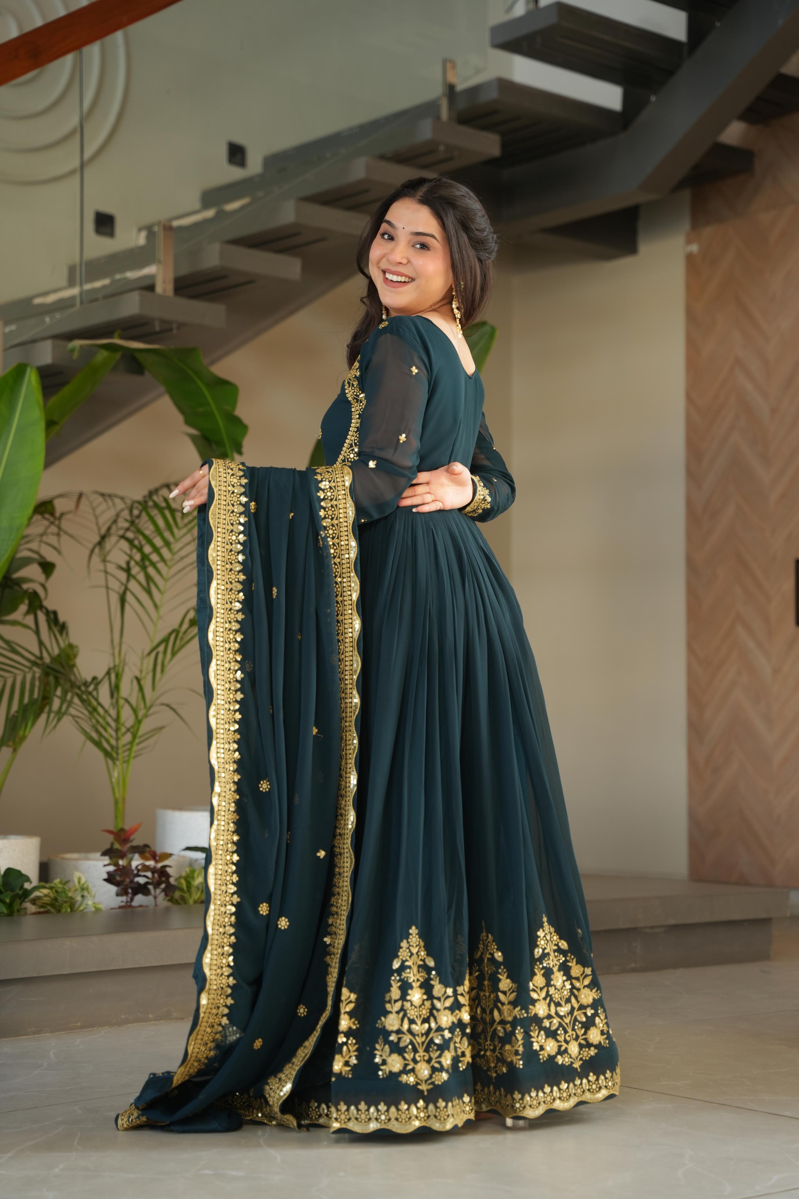 Evanik Teal Faux Blooming Georgette with Zari Thread & Sequins Embroidery Gown With Dupatta