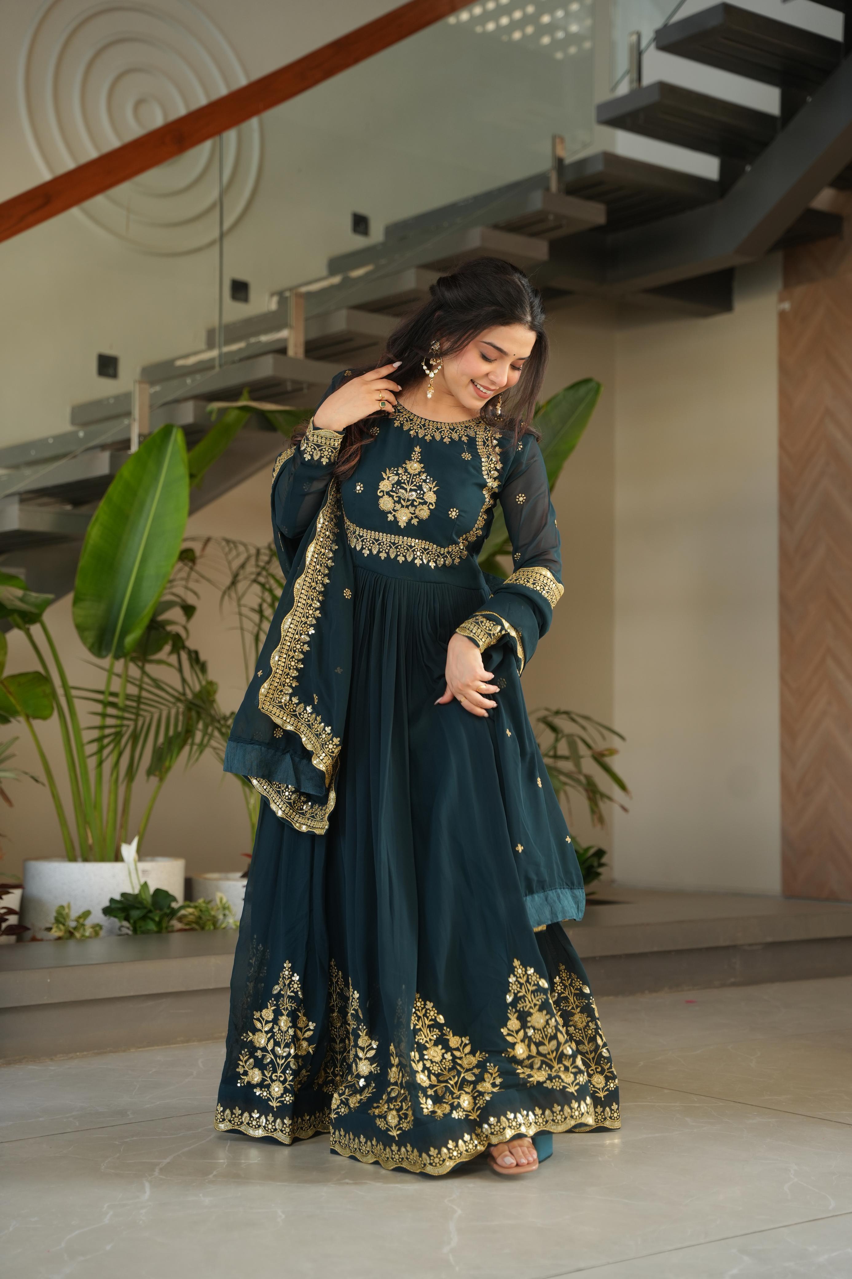 Evanik Teal Faux Blooming Georgette with Zari Thread & Sequins Embroidery Gown With Dupatta