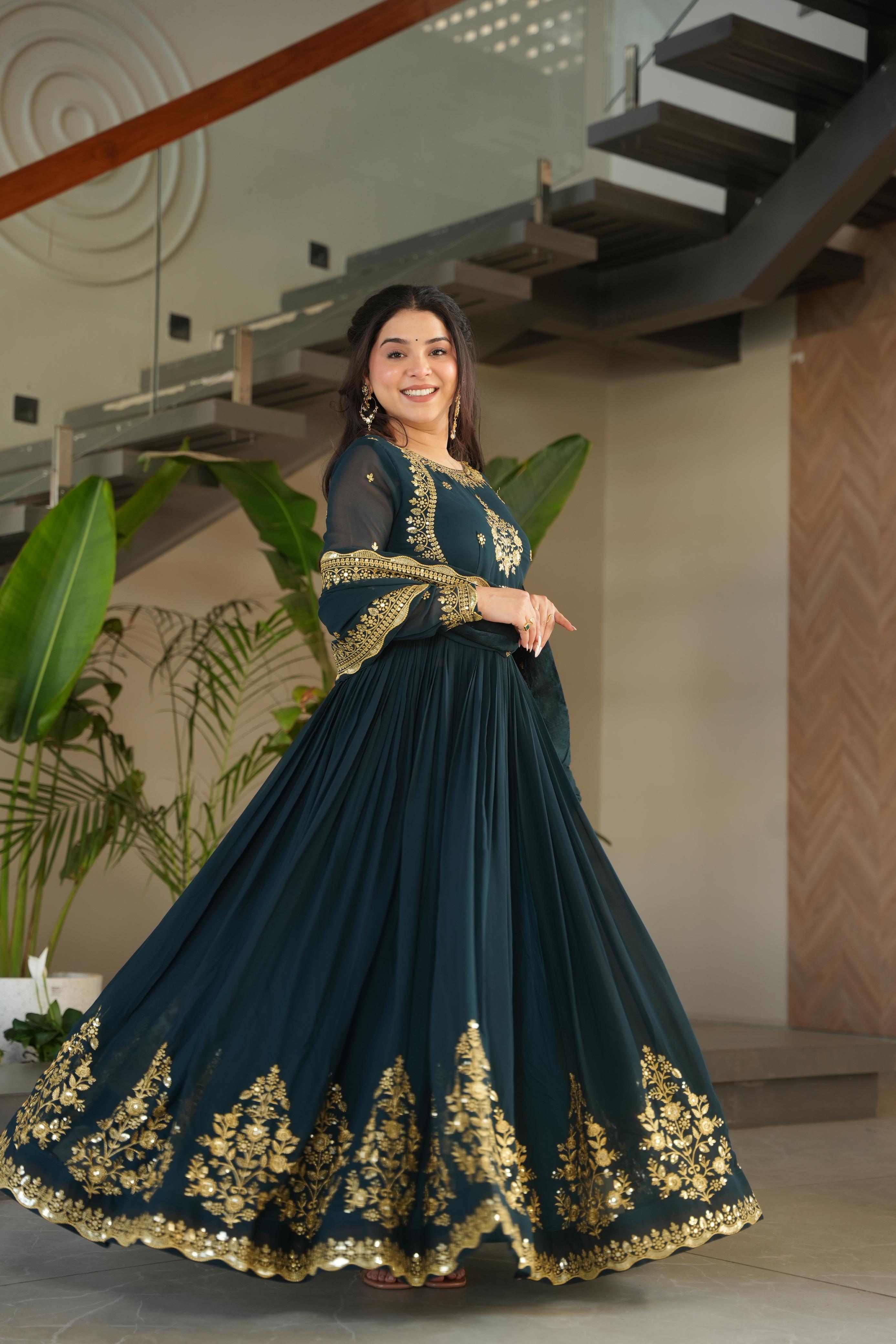 Evanik Teal Faux Blooming Georgette with Zari Thread & Sequins Embroidery Gown With Dupatta