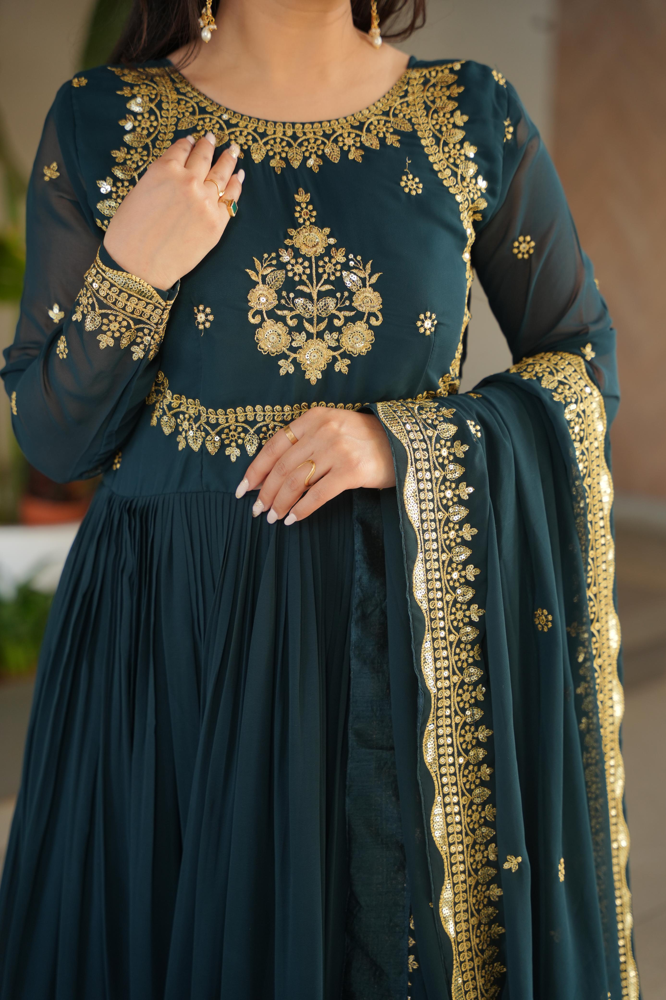 Evanik Teal Faux Blooming Georgette with Zari Thread & Sequins Embroidery Gown With Dupatta
