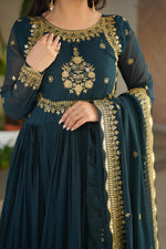 Thumbnail for Evanik Teal Faux Blooming Georgette with Zari Thread & Sequins Embroidery Gown With Dupatta