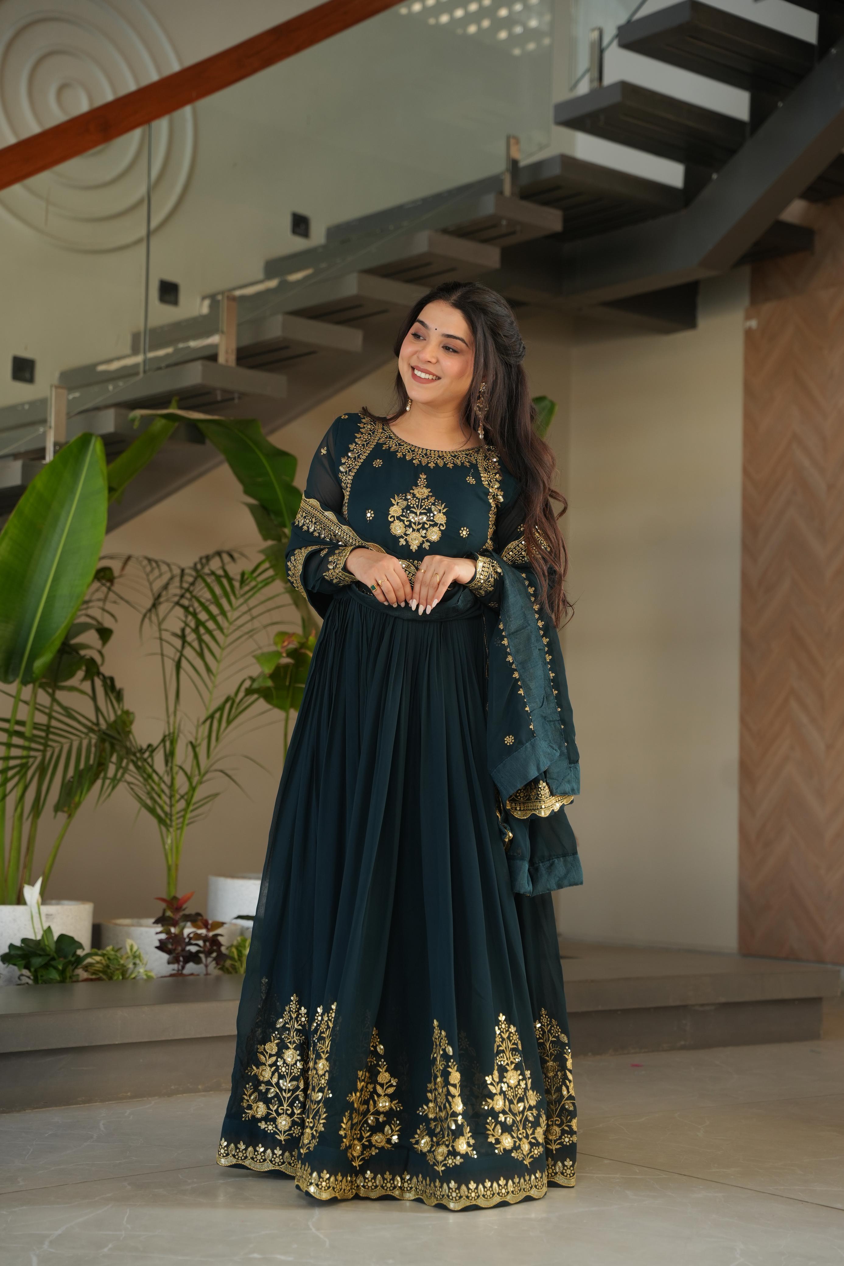 Evanik Teal Faux Blooming Georgette with Zari Thread & Sequins Embroidery Gown With Dupatta