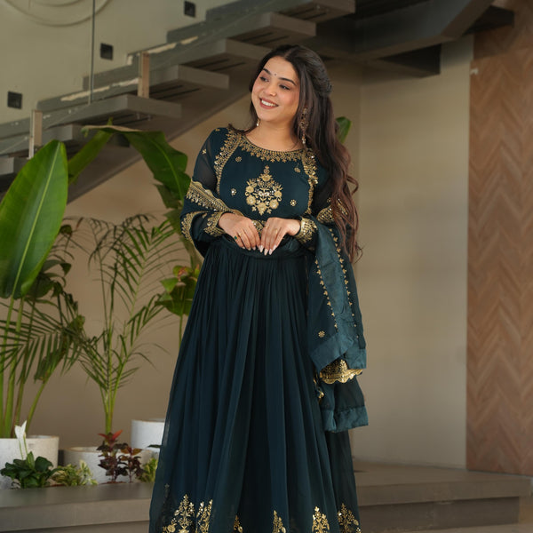 Evanik Teal Faux Blooming Georgette with Zari Thread & Sequins Embroidery Gown With Dupatta