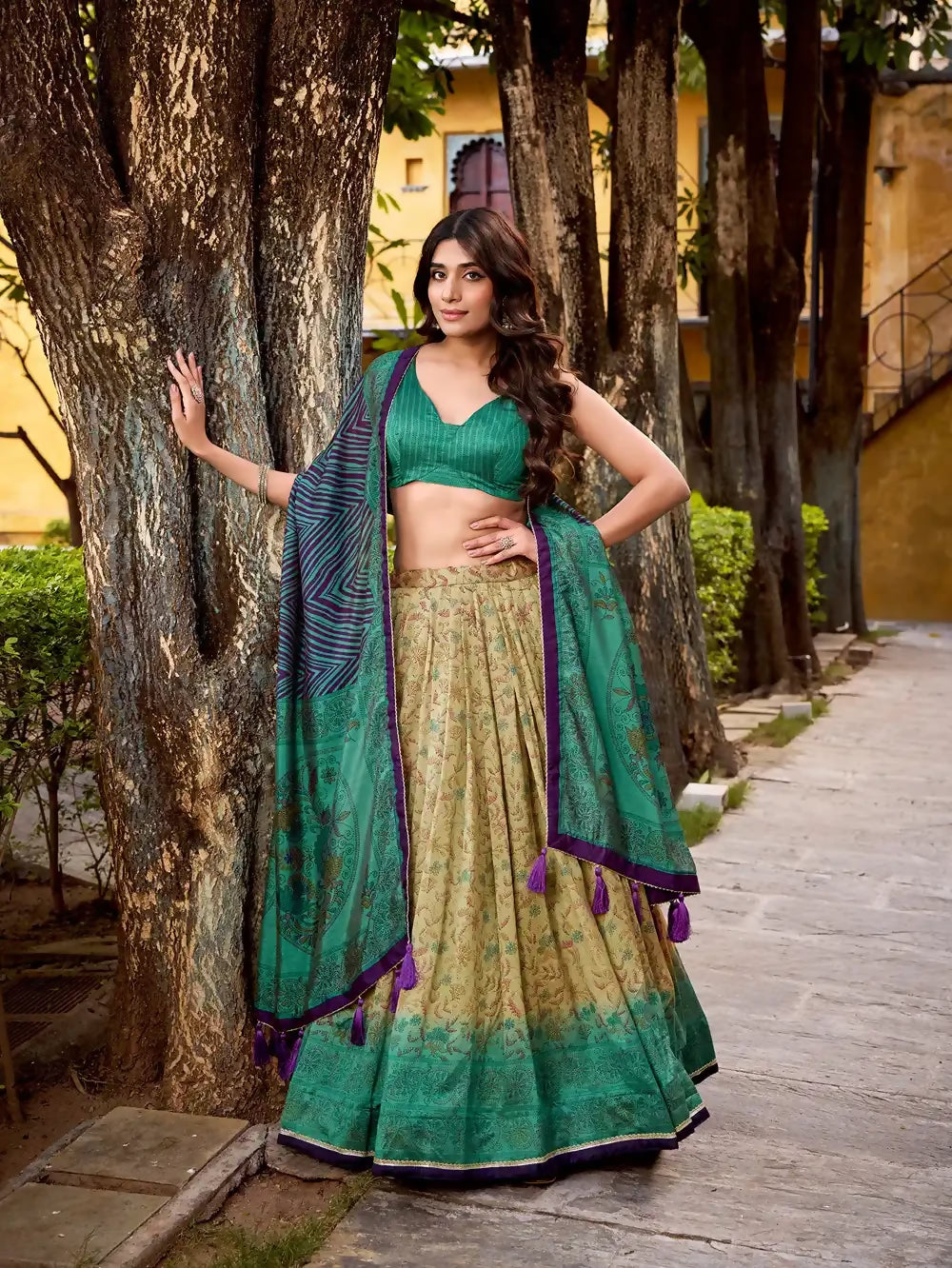 Looknbook Art Classic Vichitra Silk Chaniya Choli with Royal Prints-Beige