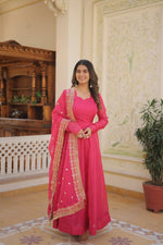 Thumbnail for Aastha Fashion Women's Pink Russian Silk Kali Pattern Work in Flair Anarkali Dress with Dupatta - Distacart