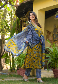 Thumbnail for NOZ2TOZ Women's Party Wear Printed Rayon Kurta With Pant And Duppata Set - Mustard - Distacart