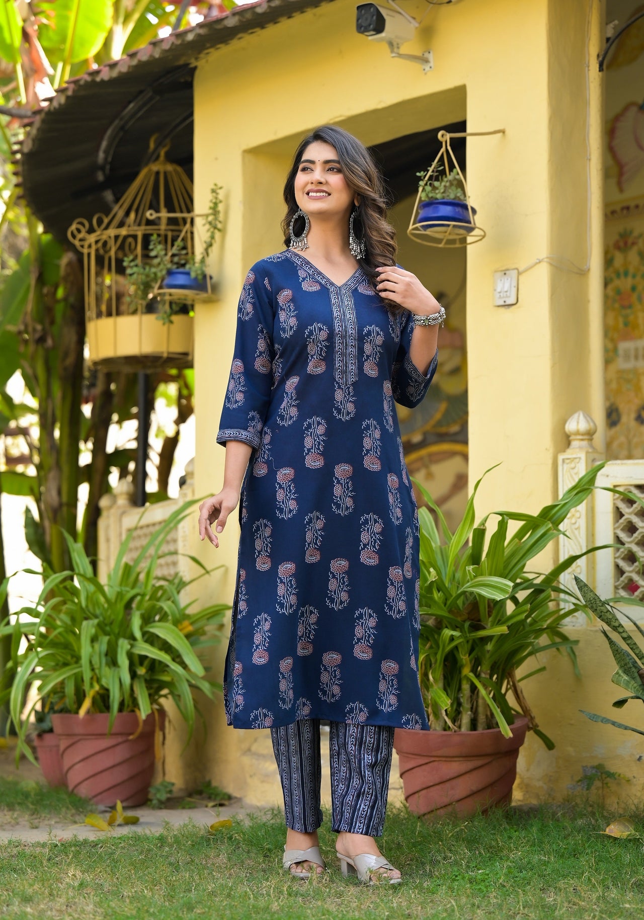 NOZ2TOZ Women's Party Wear Printed Rayon Kurta With Pant And Duppata Set - Blue - Distacart