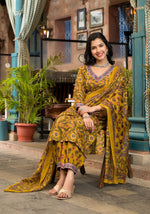 Thumbnail for Lyush Women Party Wear Flower Printed Kurta With Pant And Dupatta Set - Mustard - Distacart