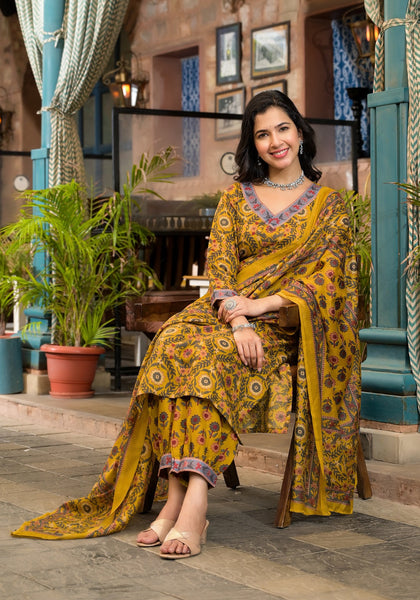 Lyush Women Party Wear Flower Printed Kurta With Pant And Dupatta Set - Mustard - Distacart