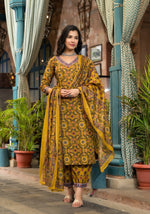 Thumbnail for Lyush Women Party Wear Flower Printed Kurta With Pant And Dupatta Set - Mustard - Distacart