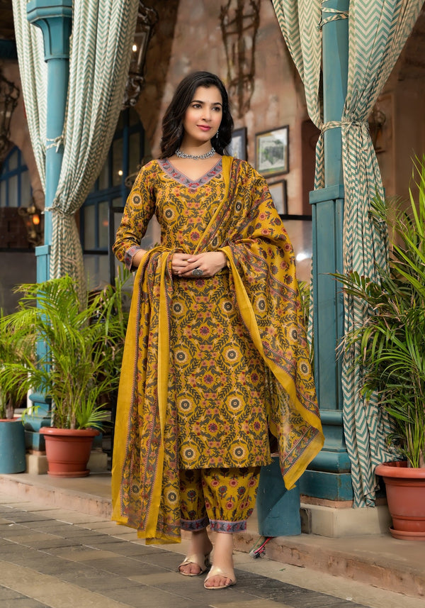 Lyush Women Party Wear Flower Printed Kurta With Pant And Dupatta Set - Mustard - Distacart