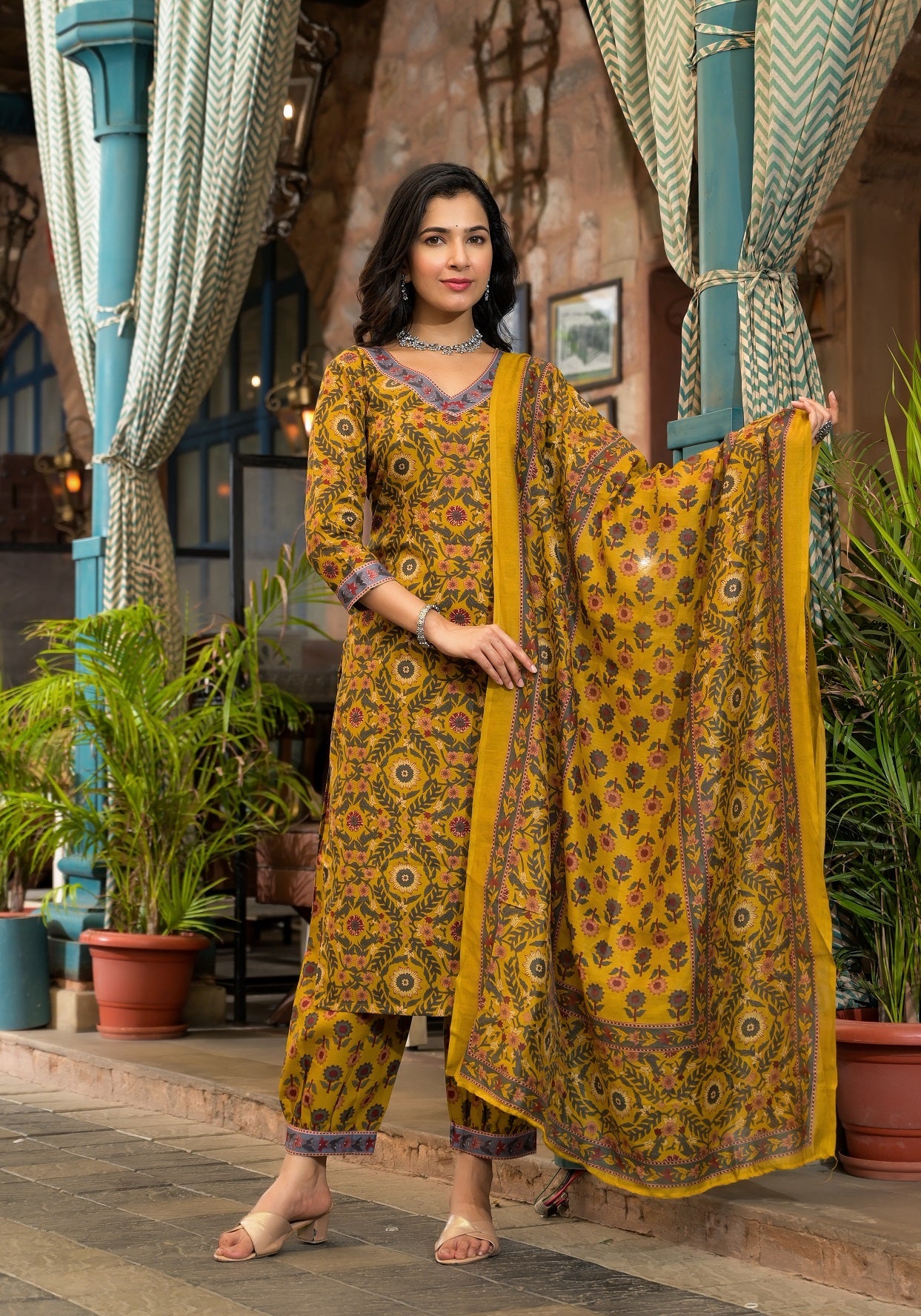 Lyush Women Party Wear Flower Printed Kurta With Pant And Dupatta Set - Mustard - Distacart