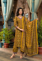 Thumbnail for Lyush Women Party Wear Flower Printed Kurta With Pant And Dupatta Set - Mustard - Distacart