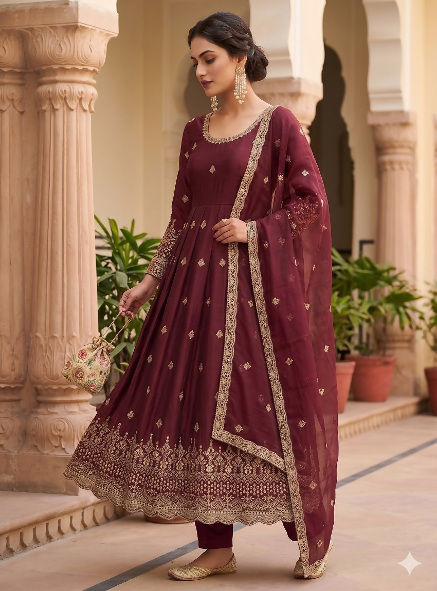 Teeya Creation Womens New Regal Maroon Embroidered Anarkali Gown Set - Dista