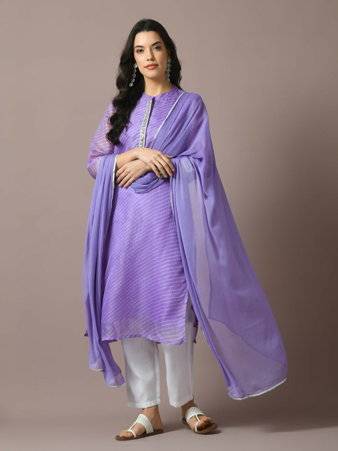 Myshka Women's Lavender Printed Kota Straight Party Kurta Set With Dupatta - Distacart