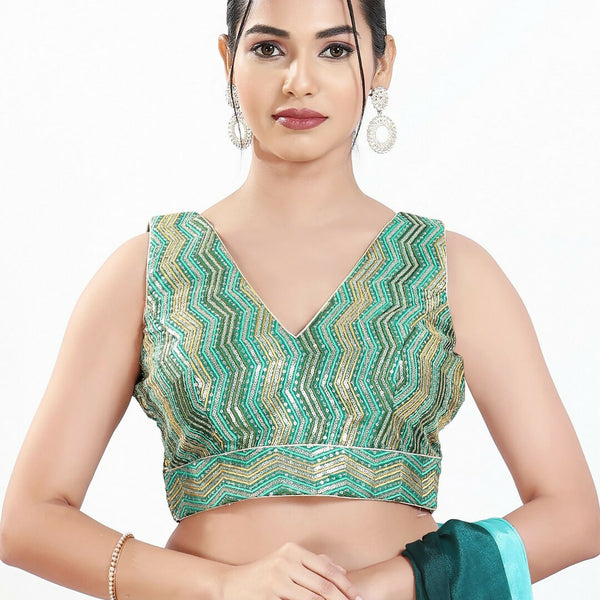Joban Fashion Green Multi Silk Padded Blouse With V Neck Sleeveless - Distacart