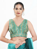 Thumbnail for Joban Fashion Green Multi Silk Padded Blouse With V Neck Sleeveless - Distacart