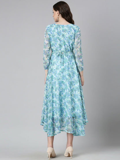 Souchii Blue Floral Chiffon Maxi Dress - Dista