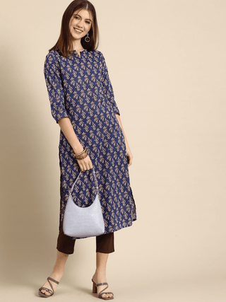 Anouk Women Blue Ethnic Motifs Printed Regular Pure Cotton Kurta with Trousers - Distacart