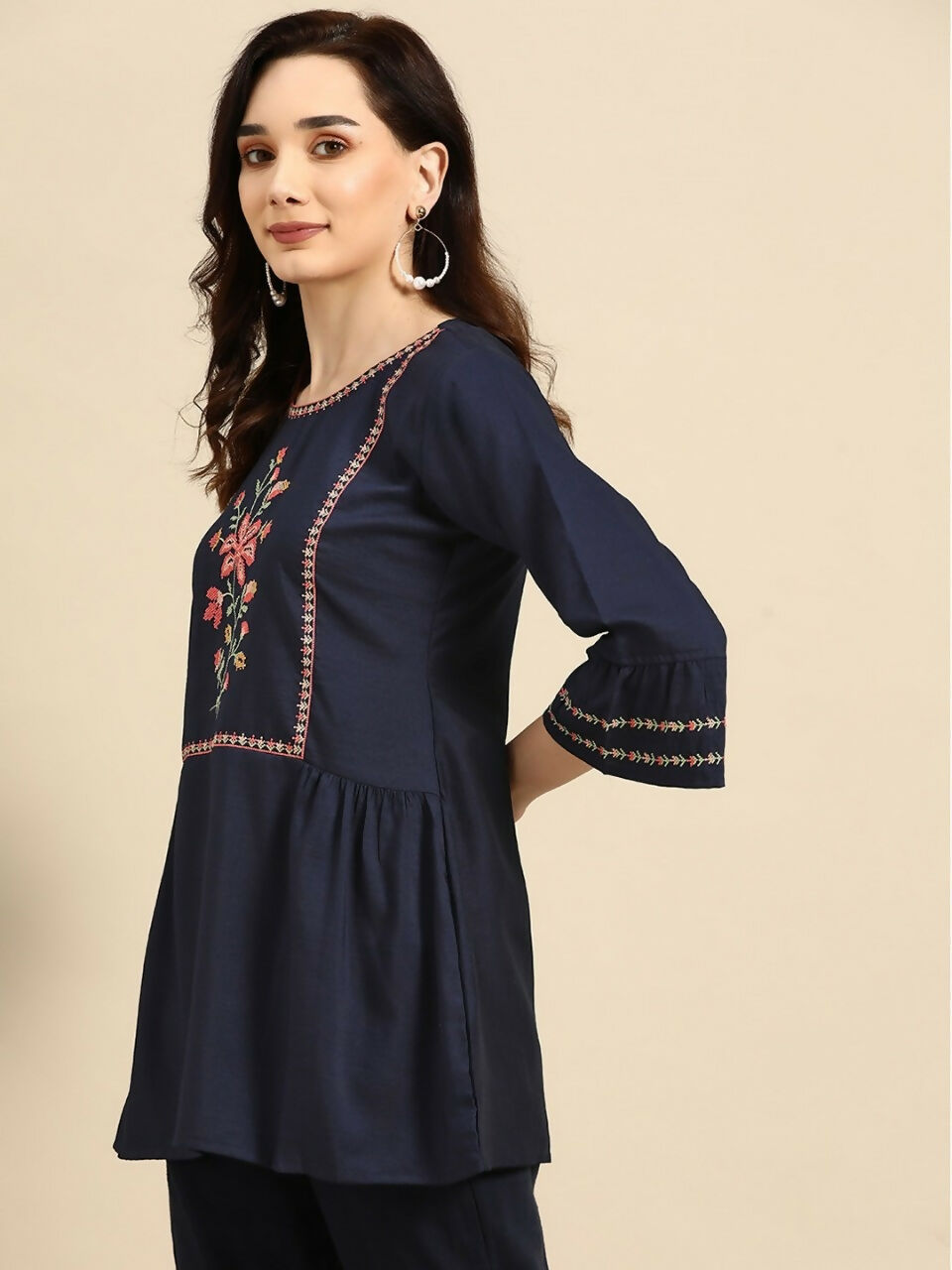 Women's Navy Blue Viscose blend Embroidered Short Top - Marina - Distacart