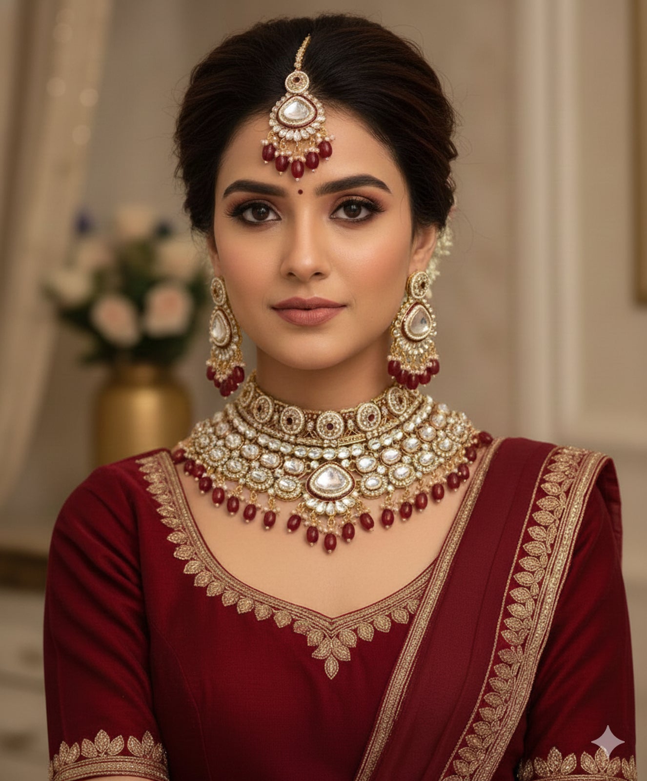 Jewel City Maroon Kundan Bridal Jewelry Set Gold Plated Wedding Choker Indian Dulhan Set with Nath & Tikka Bollywood Ethnic Jewelry - Distacart