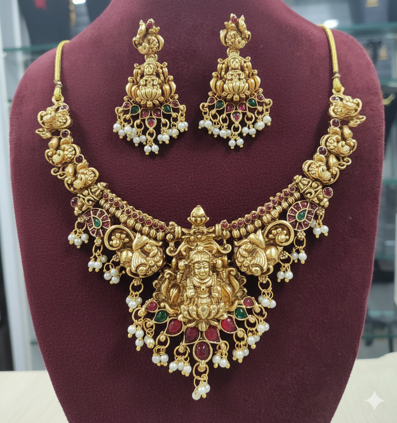 Jewel City Antique Gold-Plated Lakshmi Temple Necklace Set with Pearls & Ruby Green Stones for Women - Distacart