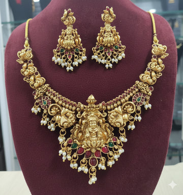Jewel City Antique Gold-Plated Lakshmi Temple Necklace Set with Pearls & Ruby Green Stones for Women - Distacart