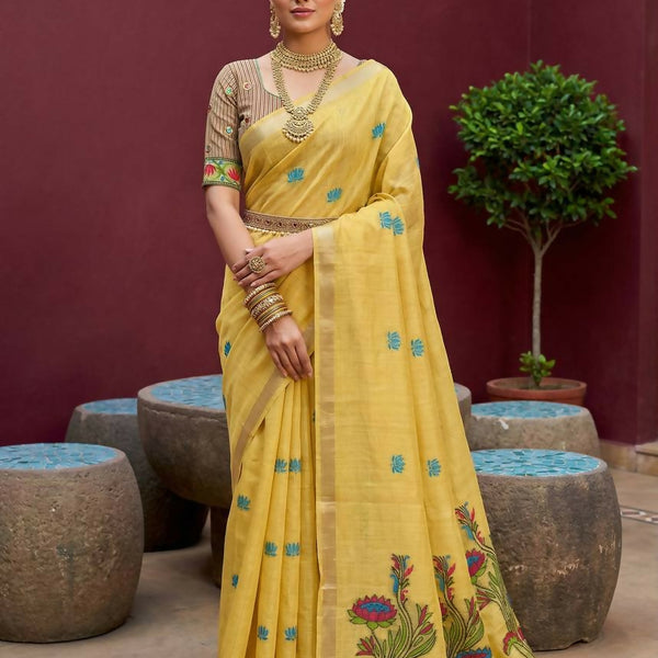 Vastranavya Yellow Muga Cotton Meenakari & Azarakh Pallu Saree with Contrast Blouse - Distacart