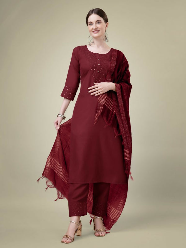 Jyoti Fashion Women's Maroon Cotton Blend Embroidery & Sequence work Kurta with Trouser & Dupatta - Distacart