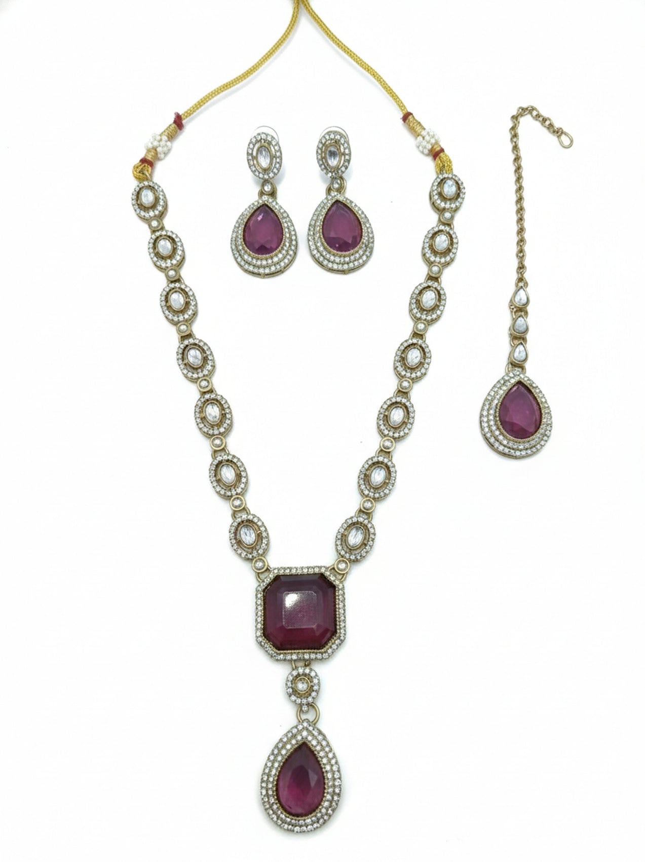 Jewel City Traditional Wine Color 3-Piece Set (Necklace, Earrings, And Maang Tikka) - Distacart