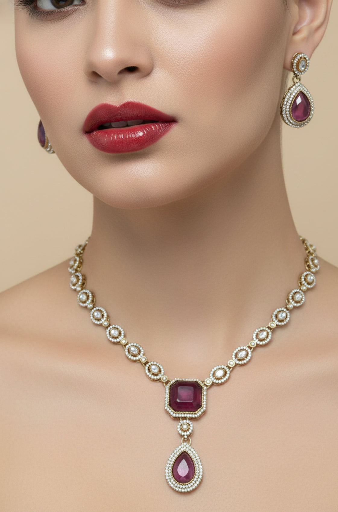 Jewel City Traditional Wine Color 3-Piece Set (Necklace, Earrings, And Maang Tikka) - Distacart