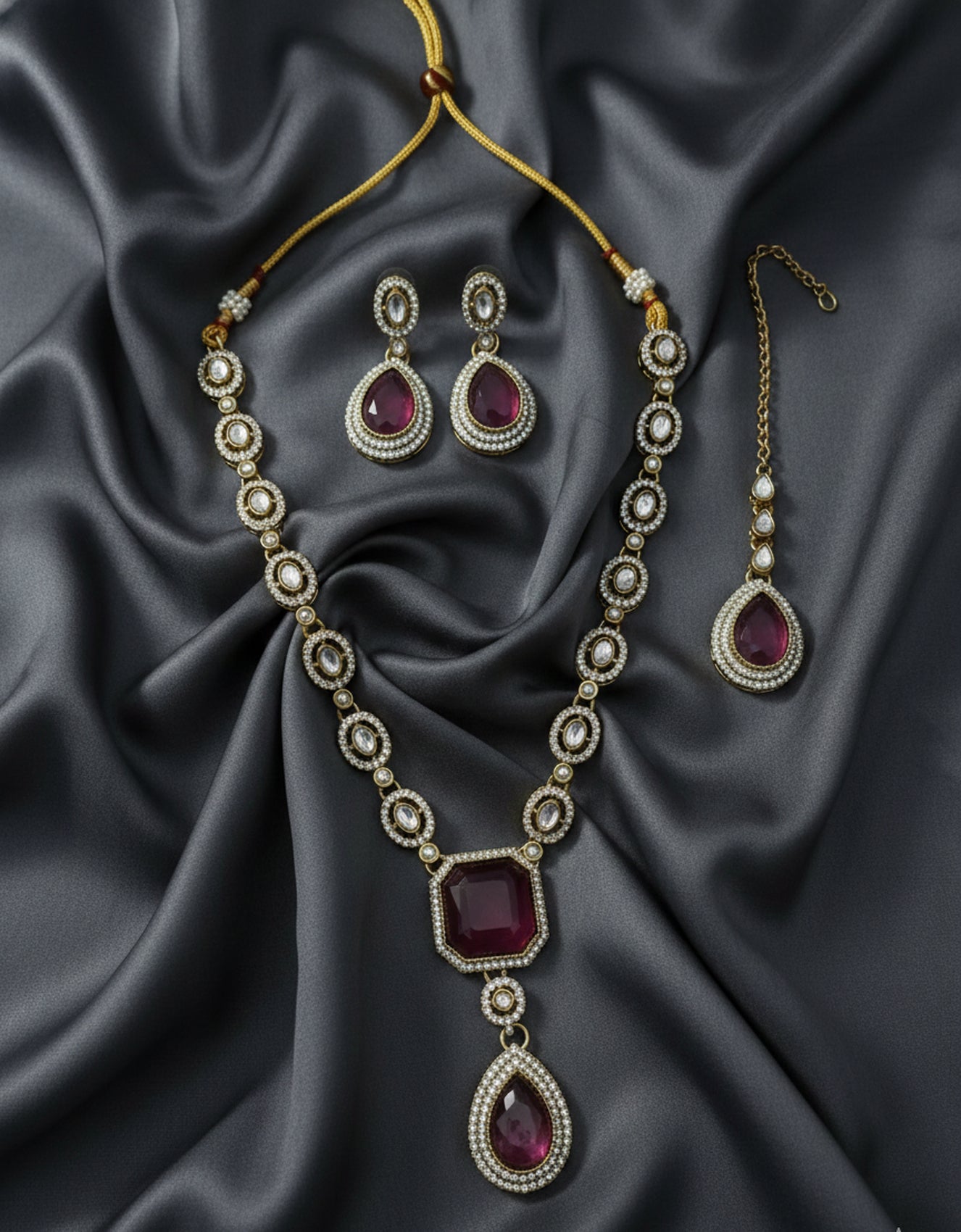 Jewel City Traditional Wine Color 3-Piece Set (Necklace, Earrings, And Maang Tikka) - Distacart