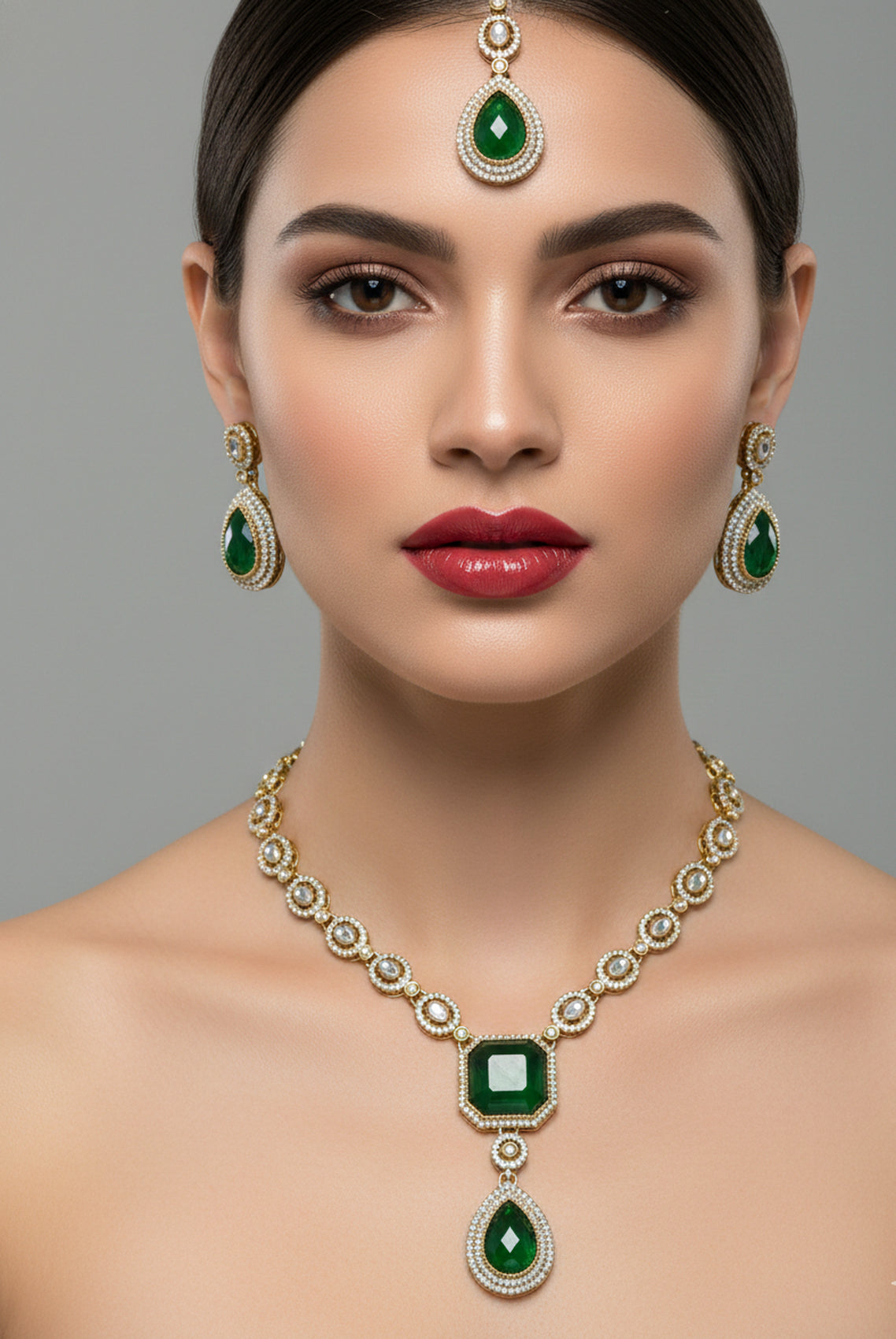 Jewel City Traditional 3-Piece Green Jewelry Set (Necklace, Earrings, And Maang Tikka) - Distacart
