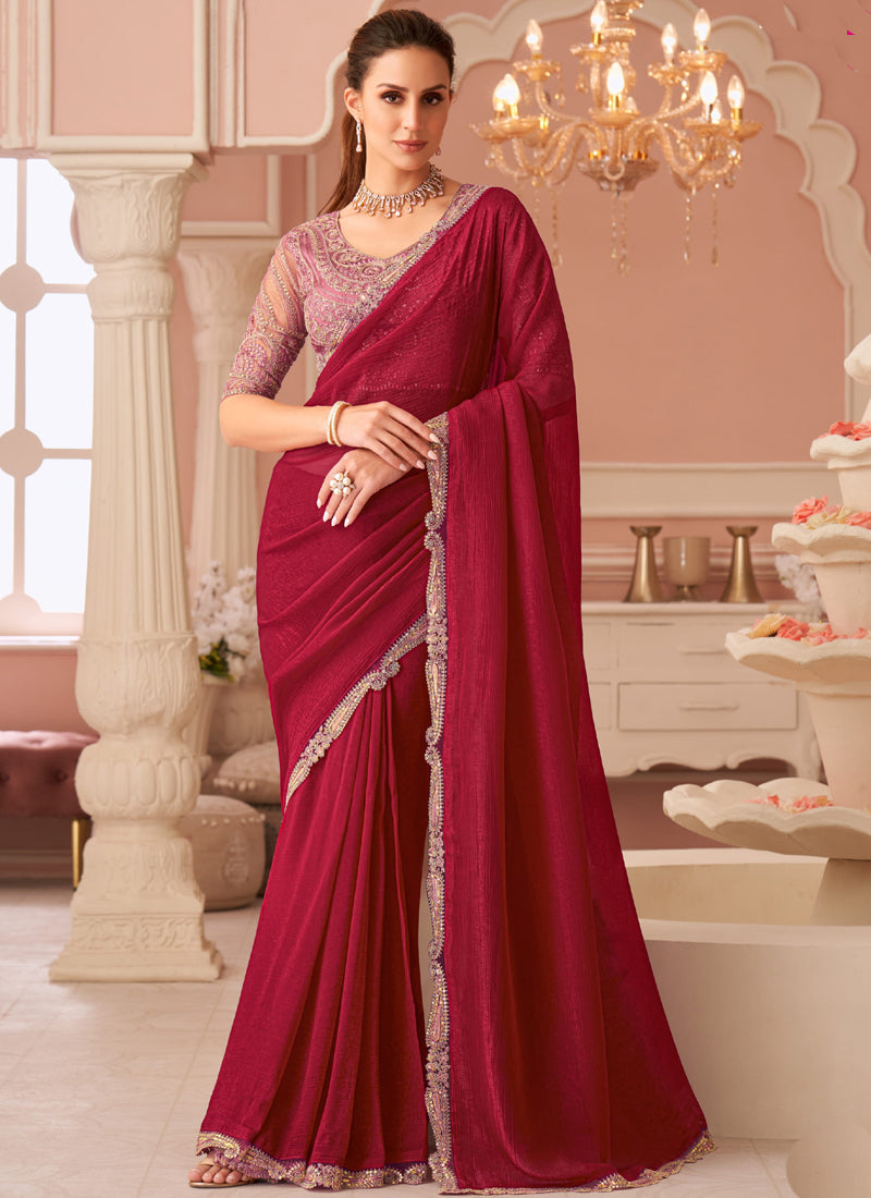 Vegaa Fashion Red Georgette Embroidered Party Wear Saree