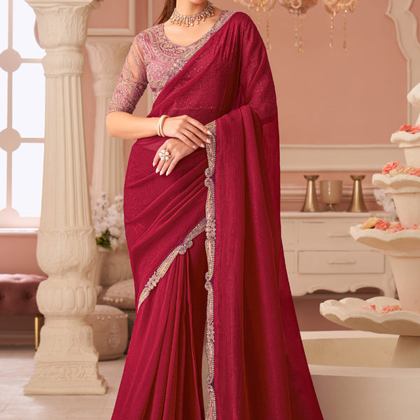 Vegaa Fashion Red Georgette Embroidered Party Wear Saree - Distacart
