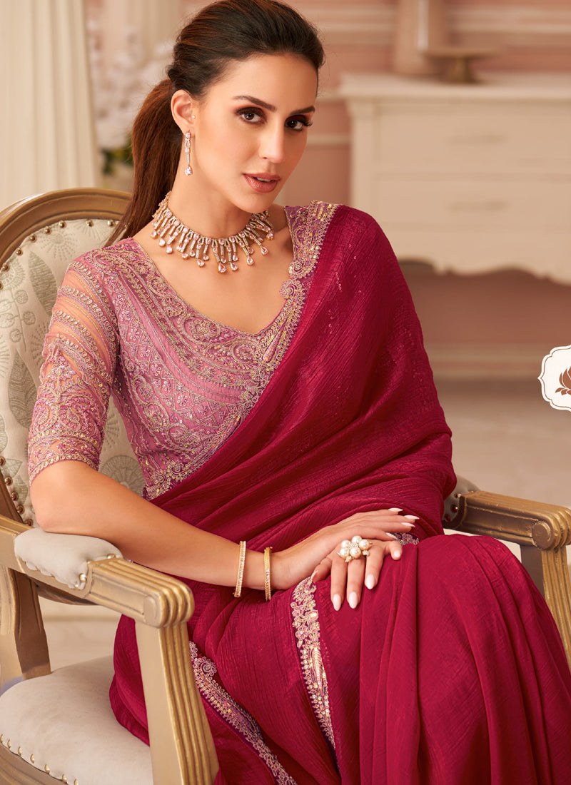 Vegaa Fashion Red Georgette Embroidered Party Wear Saree