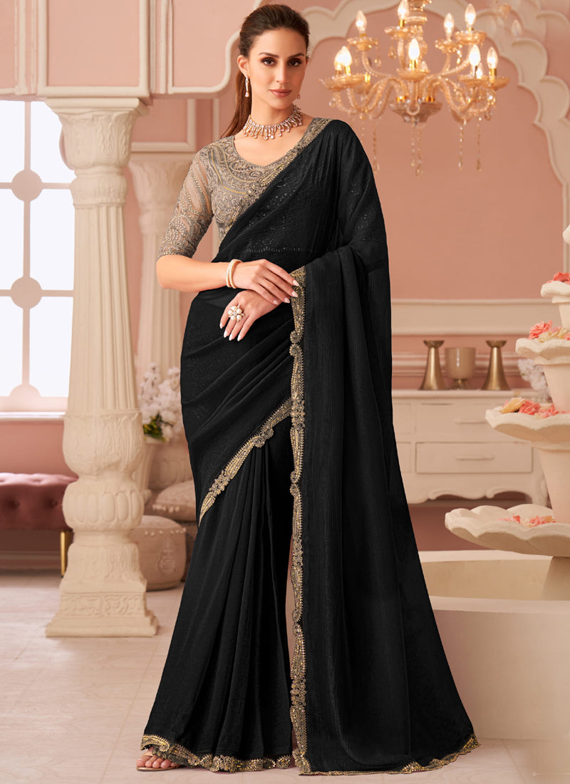 Vegaa Fashion Black Georgette Embroidered Party Wear Saree
