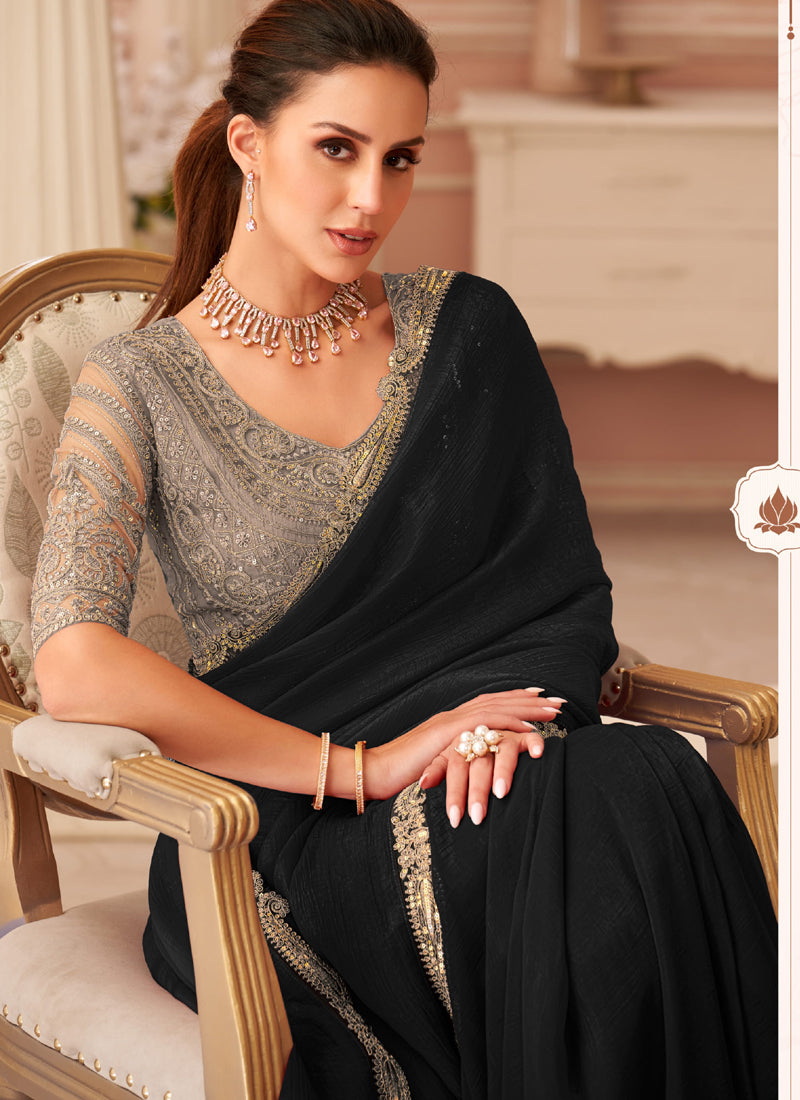 Vegaa Fashion Black Georgette Embroidered Party Wear Saree