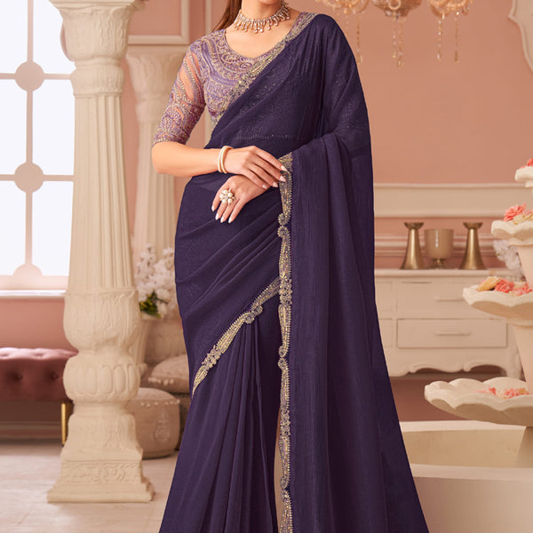 Vegaa Fashion Violet Georgette Embroidered Party Wear Saree - Distacart
