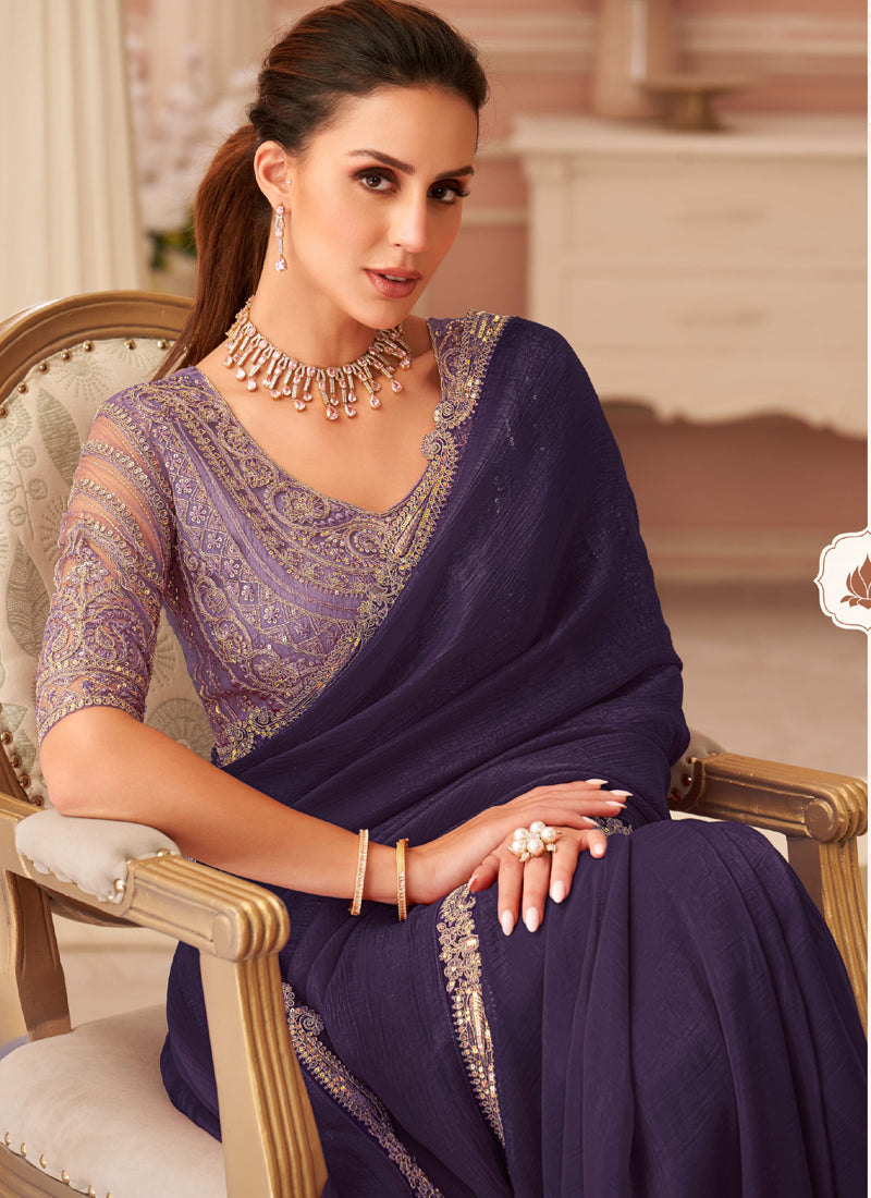 Vegaa Fashion Violet Georgette Embroidered Party Wear Saree