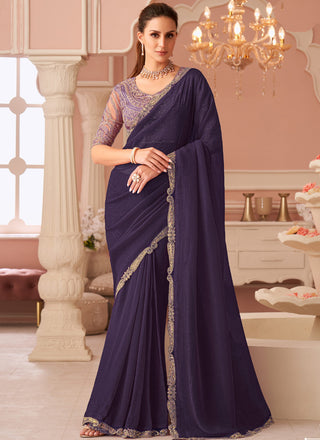 Vegaa Fashion Violet Georgette Embroidered Party Wear Saree