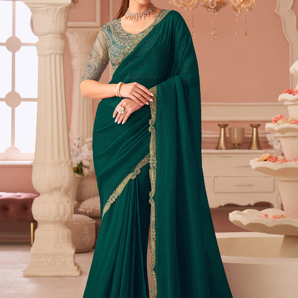 Vegaa Fashion Green Georgette Embroidered Party Wear Saree - Distacart