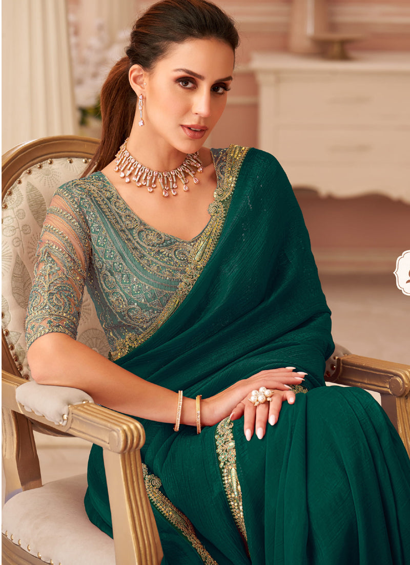 Vegaa Fashion Green Georgette Embroidered Party Wear Saree