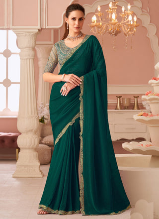 Vegaa Fashion Green Georgette Embroidered Party Wear Saree
